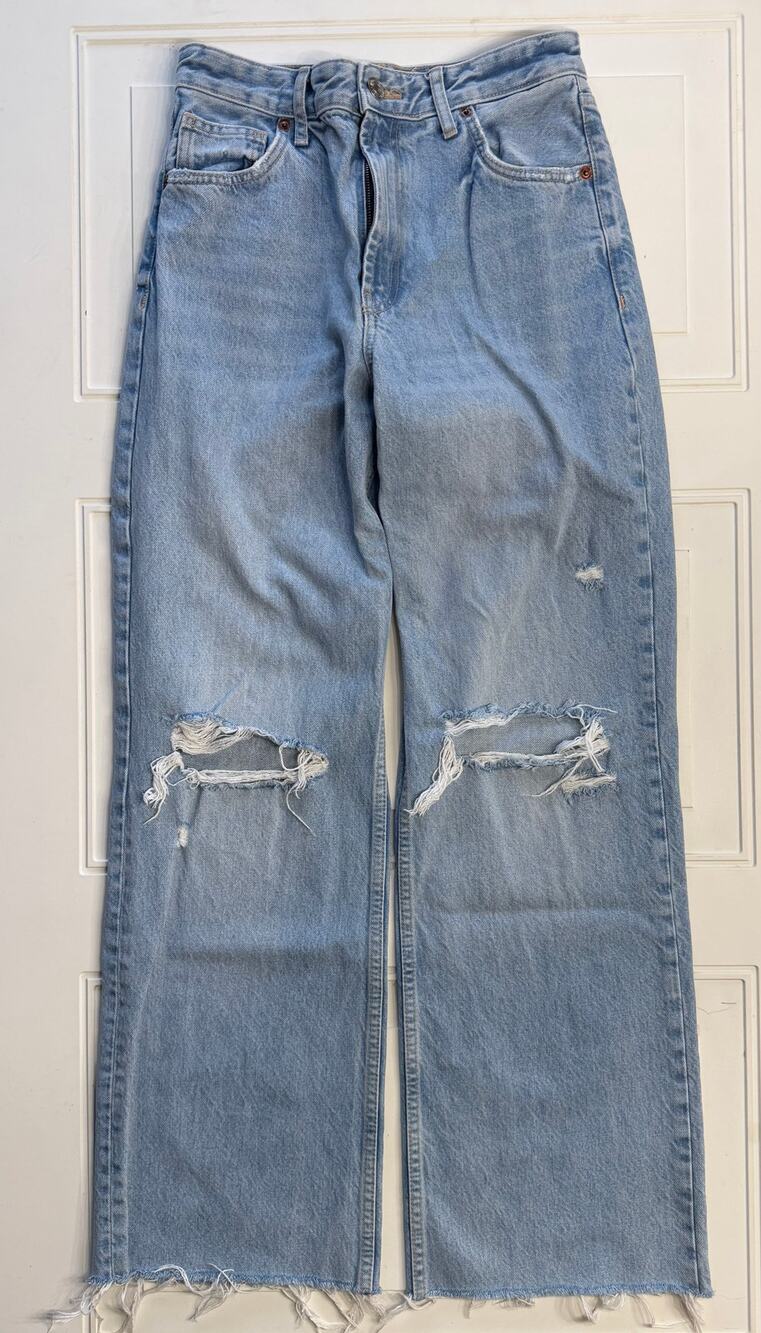 Zara Womens Sz 6 Blue Hight Rise Distressed Straight Leg Denim Jeans